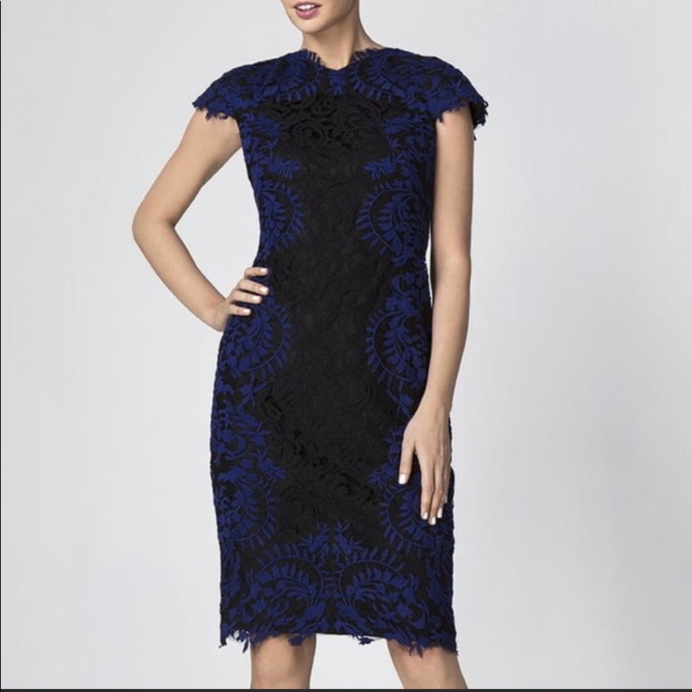 TADASHI SHOJI Empress Lace Blue Black Sheath Dress